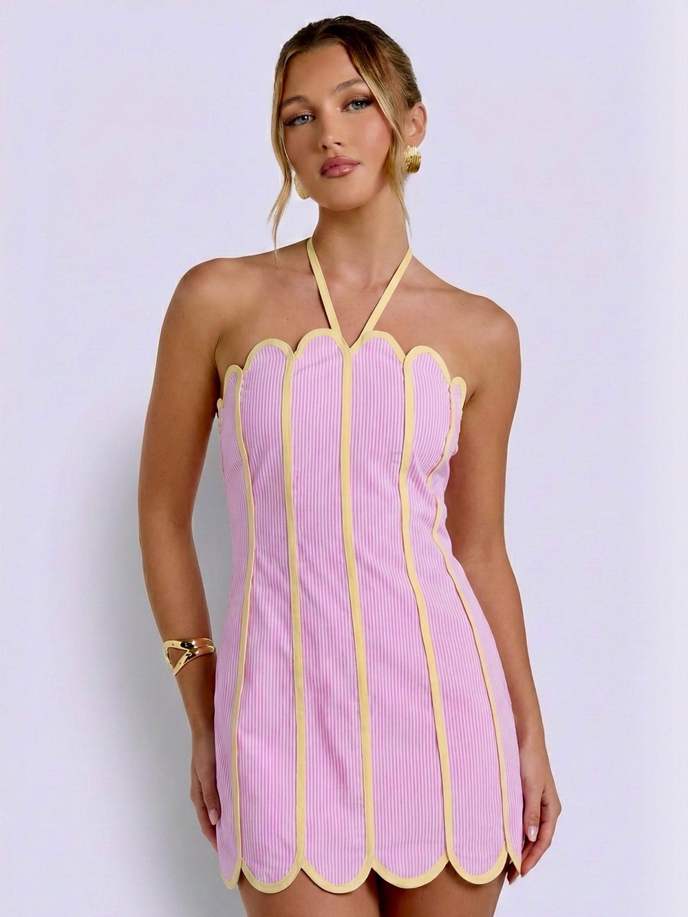 Pink Scallop Trim Halter Mini Dress
